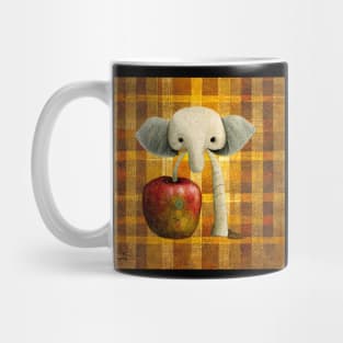 An Elephant with an apple on a plaid background. Mug